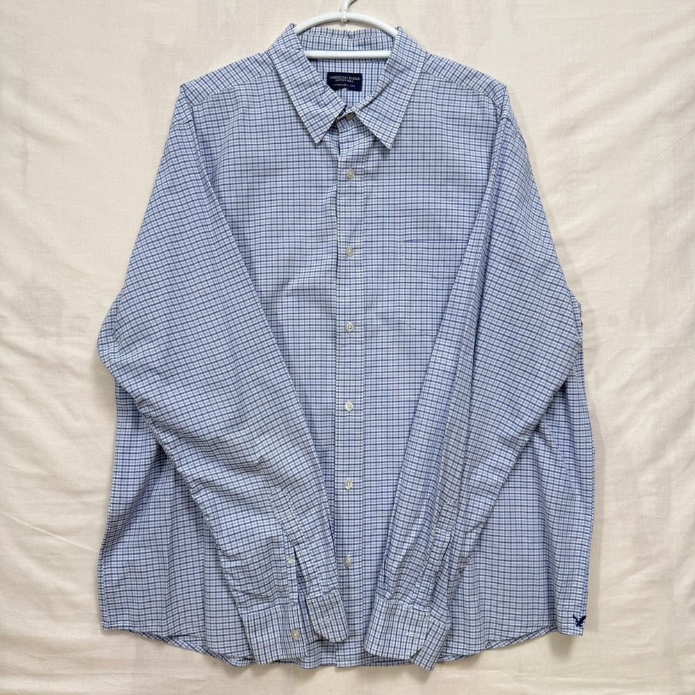 American Eagle Button Down Mens XXL Blue White Micro Check Plaid Cotton Shirt